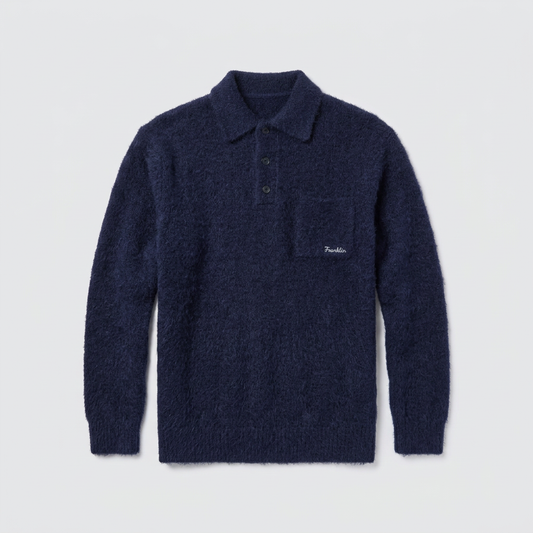 Maglione di lana in stile "polo" manica lunga con taschino e ricamo