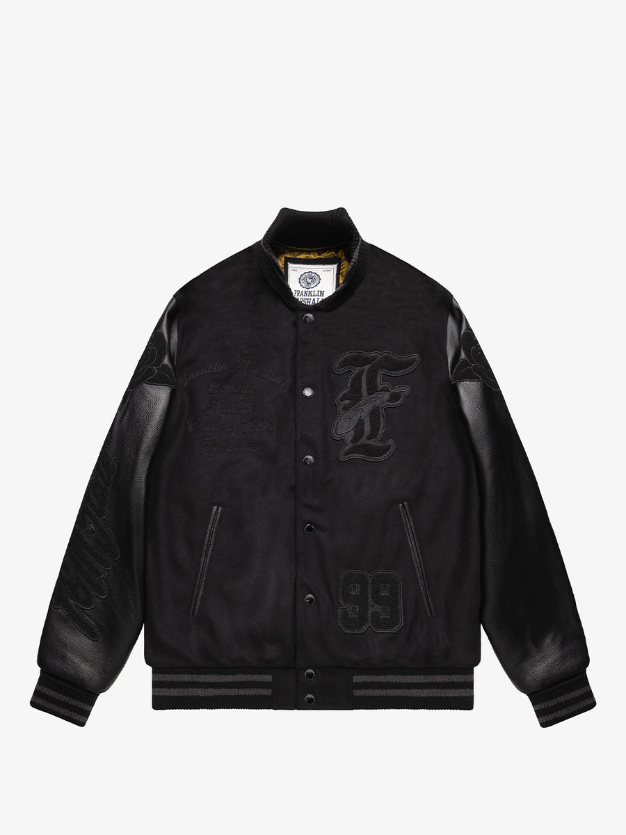 Varsity bomber jacket in melton wool and leather with patches