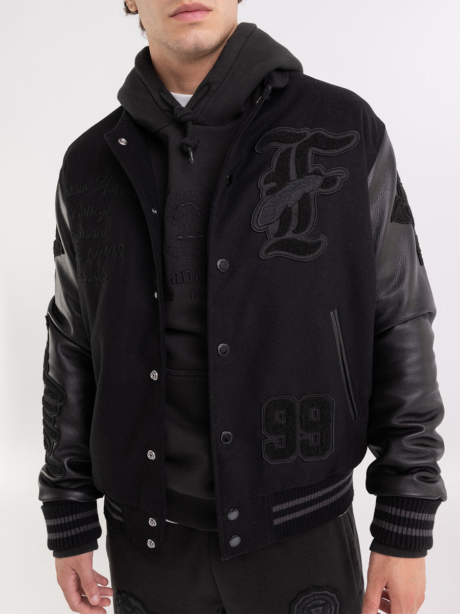 Varsity bomber jacket in melton wool and leather with patches