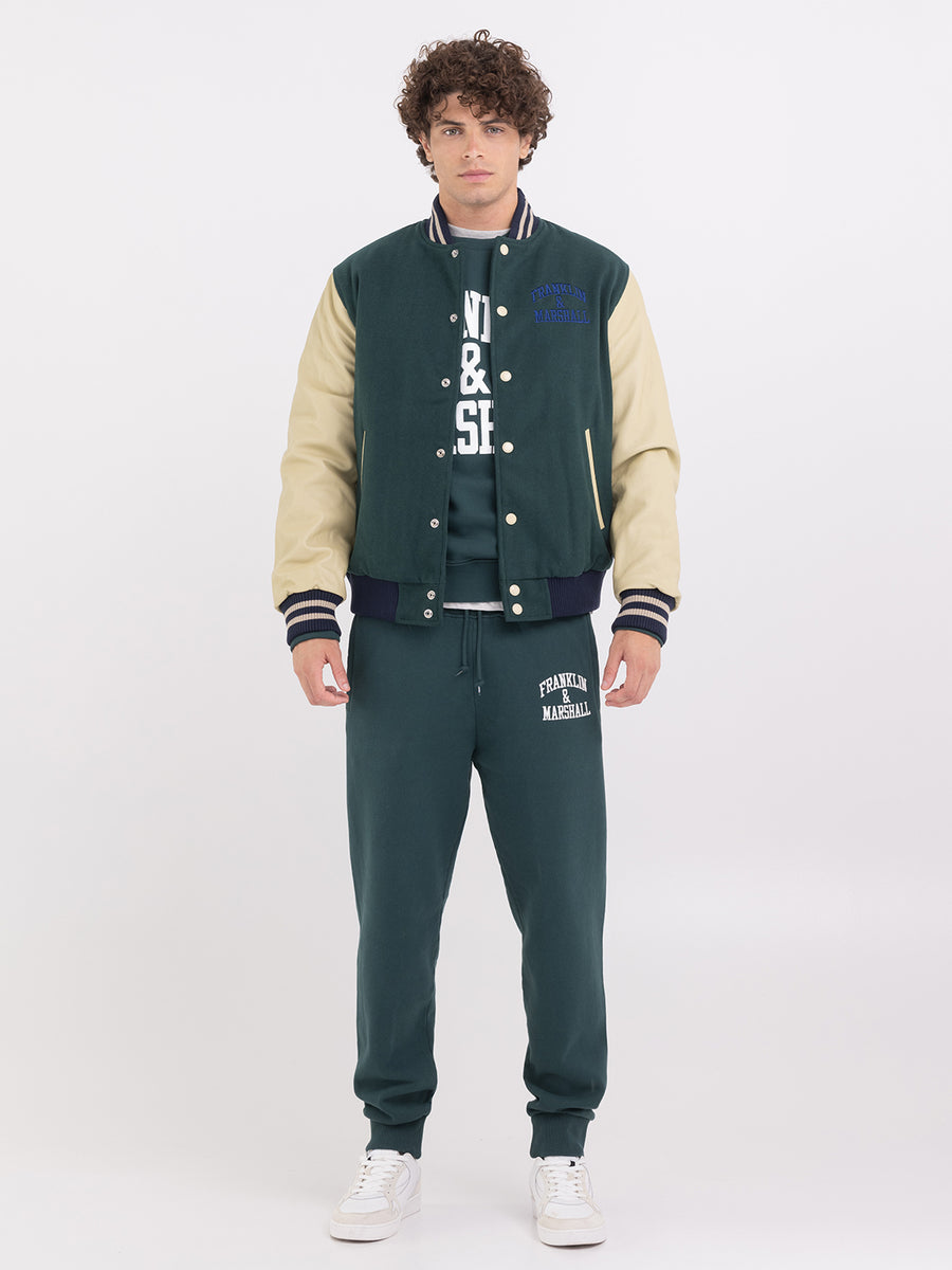 Two-tone bomber jacket with arch letter logo embroidery