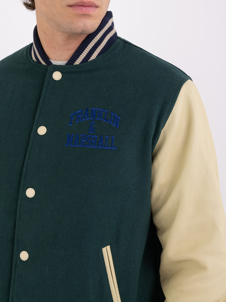 Two-tone bomber jacket with arch letter logo embroidery