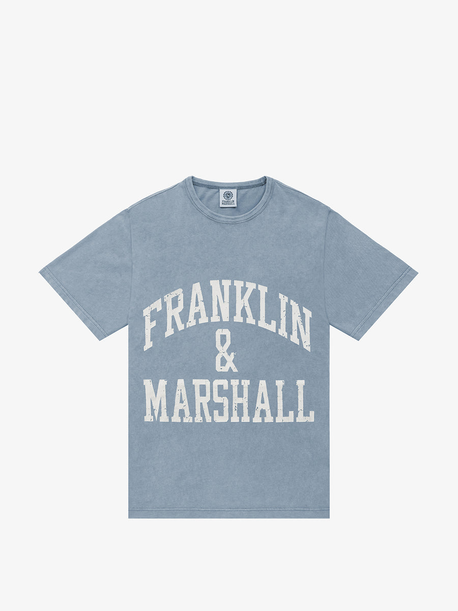 Acid wash garment-dyed t-shirt with arch letter logo print