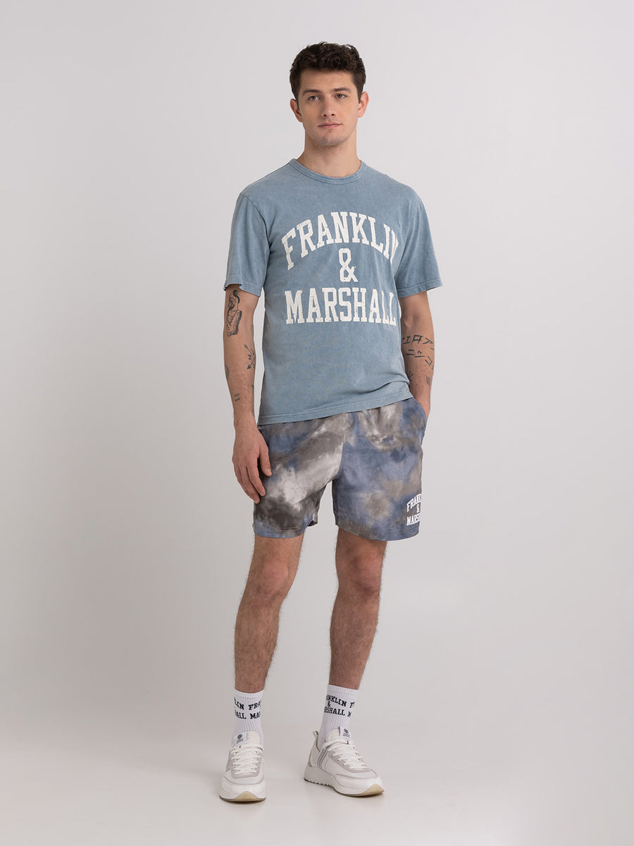 Acid wash garment-dyed t-shirt with arch letter logo print
