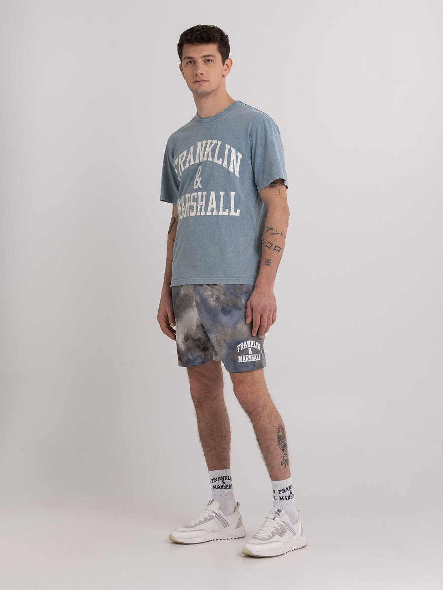 Acid wash garment-dyed t-shirt with arch letter logo print