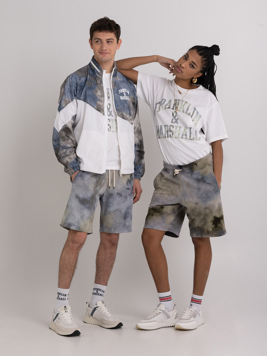 Agender ice dye shorts with arch letter logo embroidery
