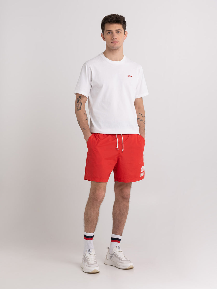 Recycled nylon swimming trunks with Crest logo print