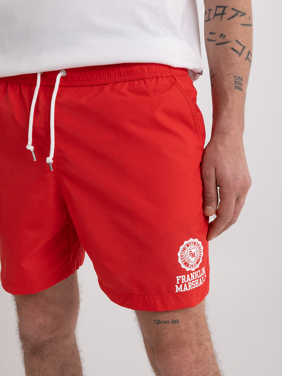Recycled nylon swimming trunks with Crest logo print