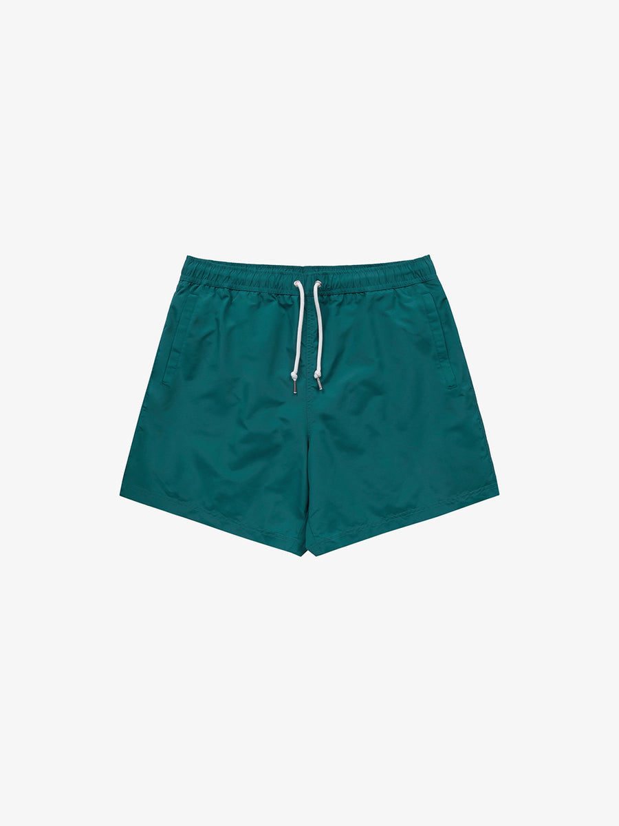 Shaded-off recycled nylon swimming trunks with Crest logo print