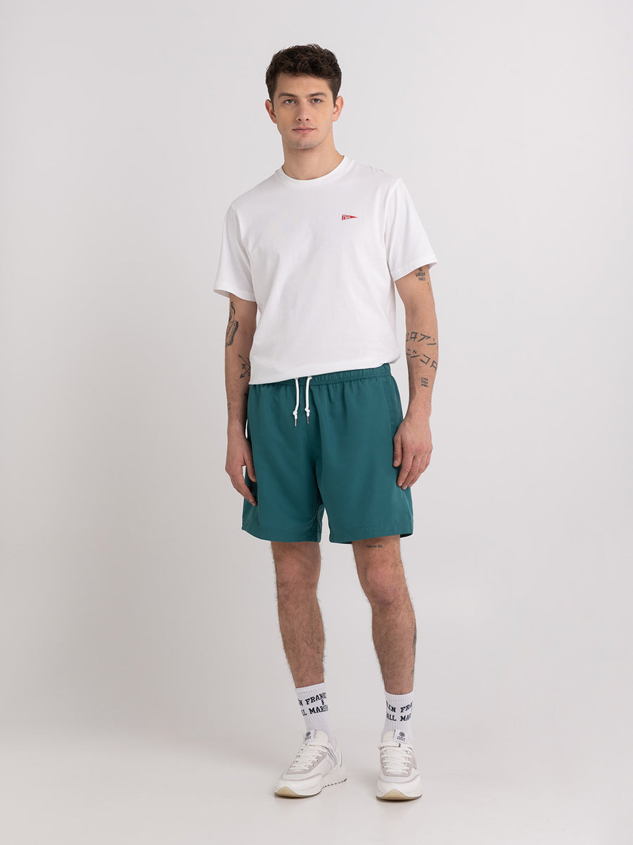 Shaded-off recycled nylon swimming trunks with Crest logo print