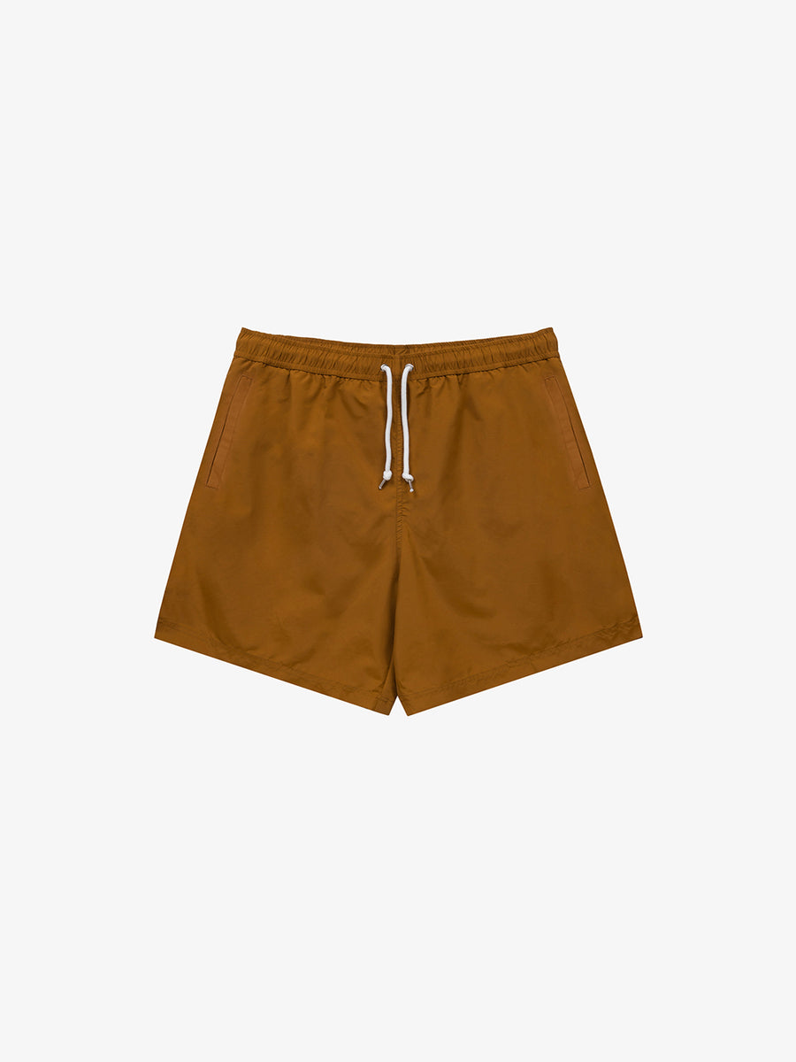 Shaded-off recycled nylon swimming trunks with Crest logo print