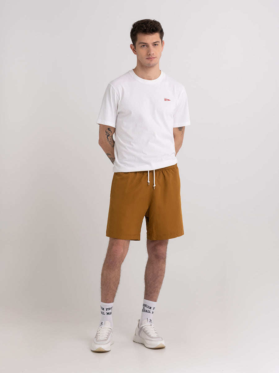 Shaded-off recycled nylon swimming trunks with Crest logo print