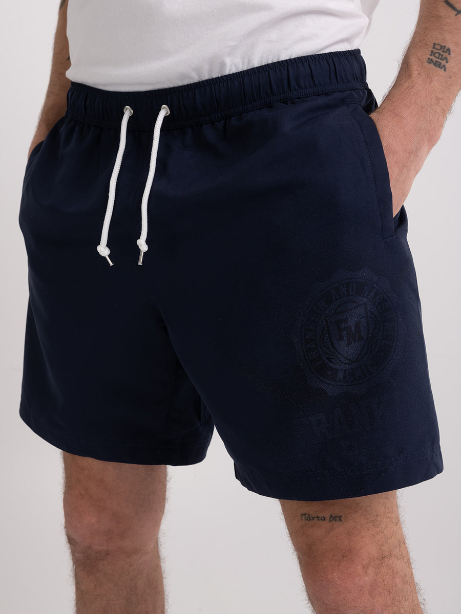 Shaded-off recycled nylon swimming trunks with Crest logo print