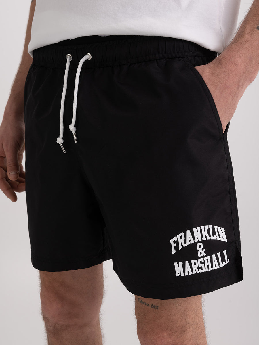 Recycled nylon swimming trunks with arch letter logo print