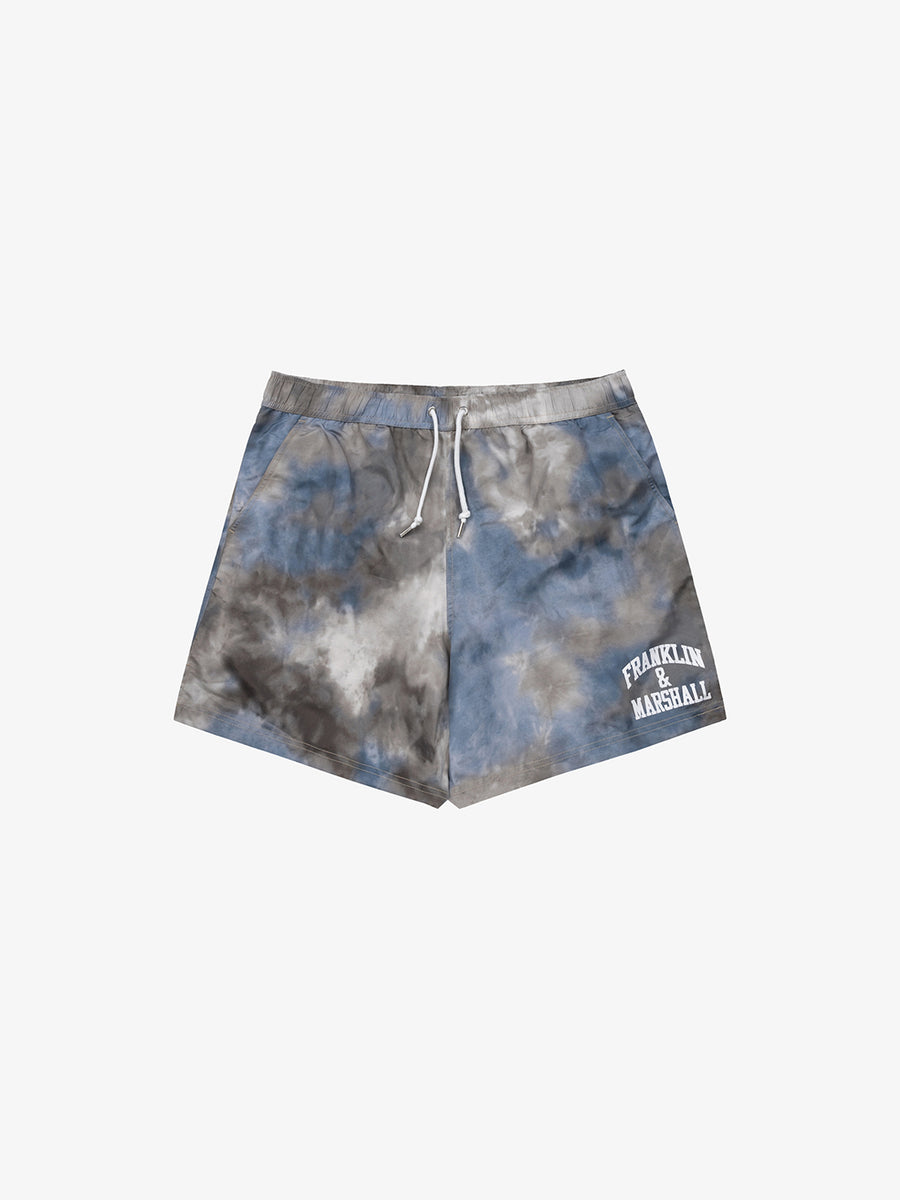 Recycled poly ice dye swimming trunks with arch letter logo print