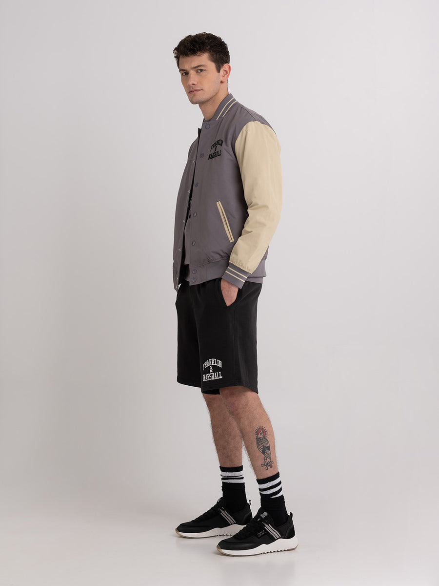 Varsity jacket with arch letter logo embroidery