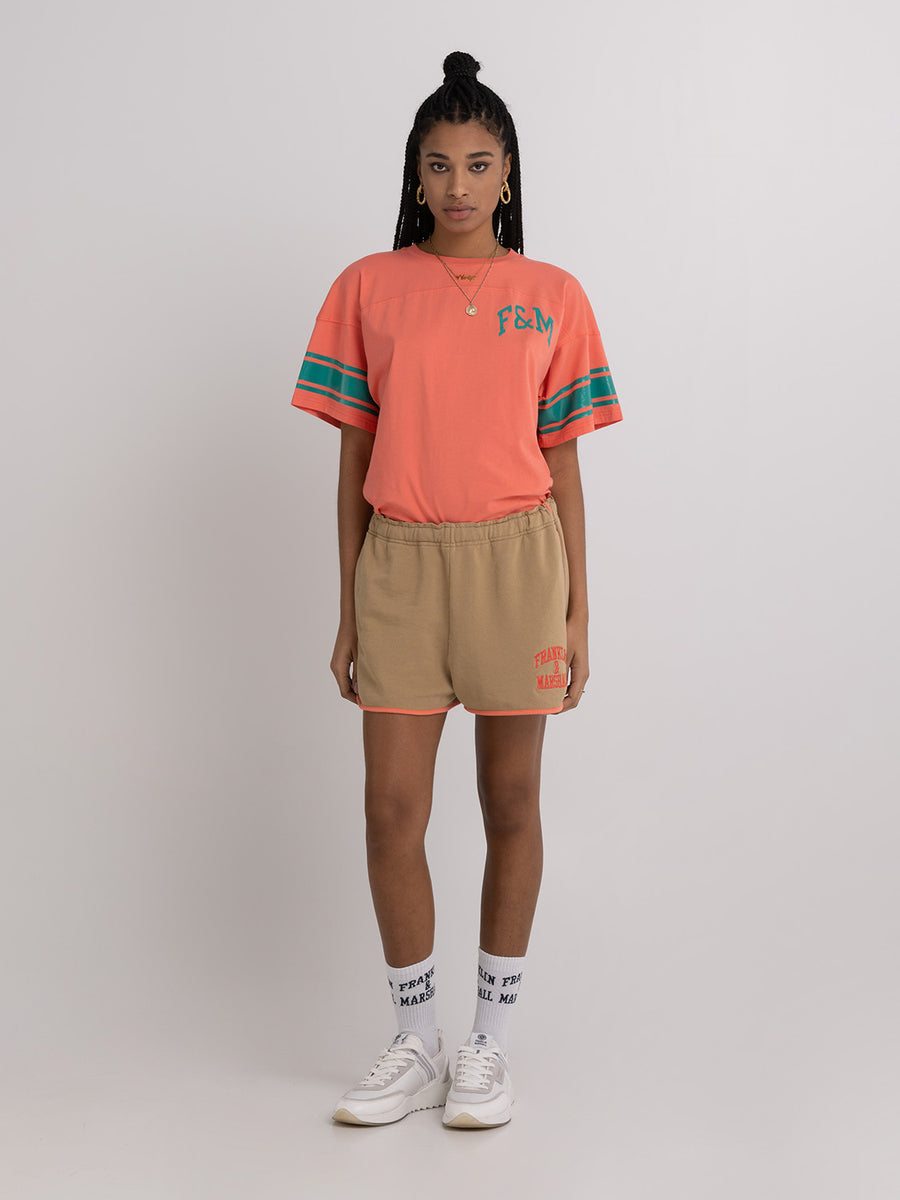Fleece shorts with arch letter logo print
