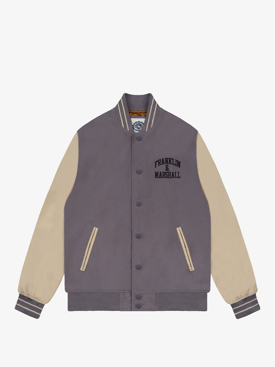 Varsity jacket with arch letter logo embroidery