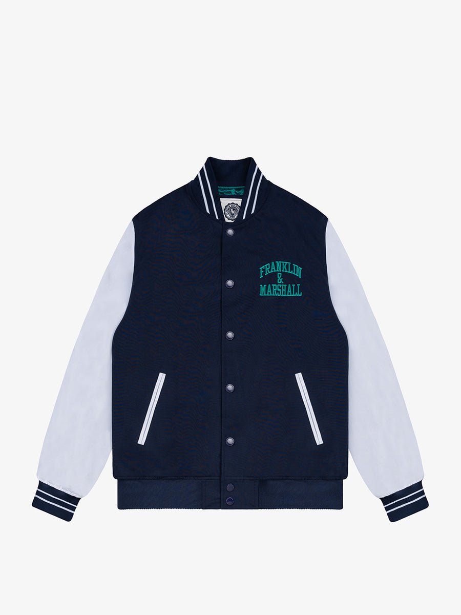 Varsity jacket with arch letter logo embroidery
