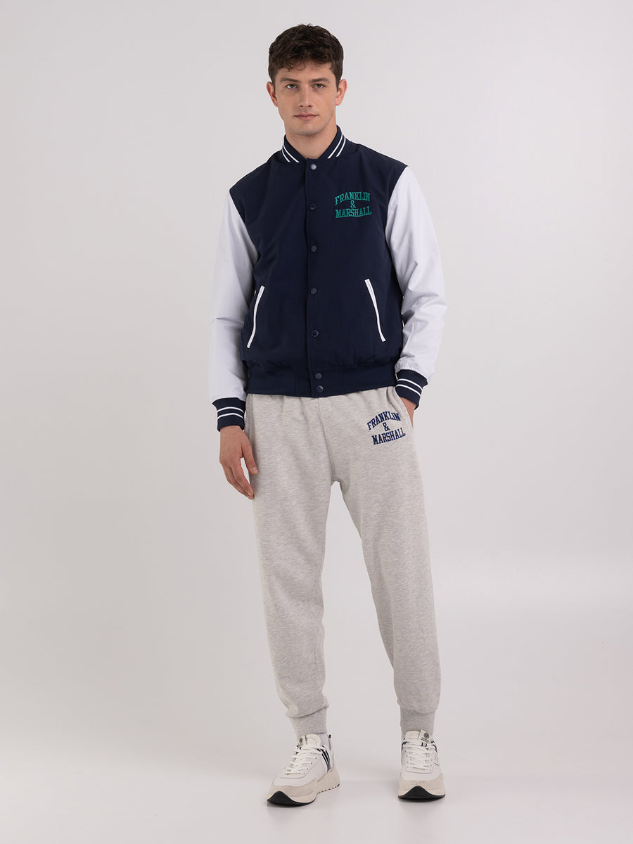 Varsity jacket with arch letter logo embroidery