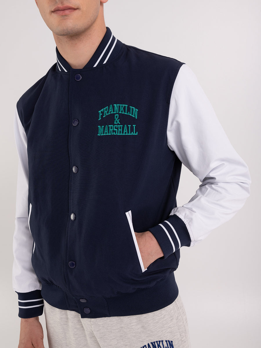Varsity jacket with arch letter logo embroidery